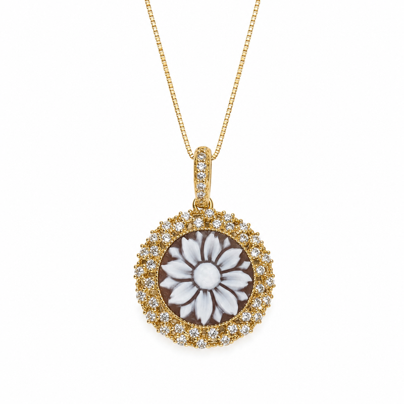 Ciondolo Cammeo Fiore 22 mm in Argento 925 Dorato con Zirconi