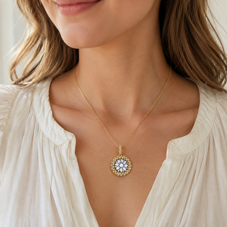 Ciondolo Cammeo Fiore 22 mm in Argento 925 Dorato con Zirconi