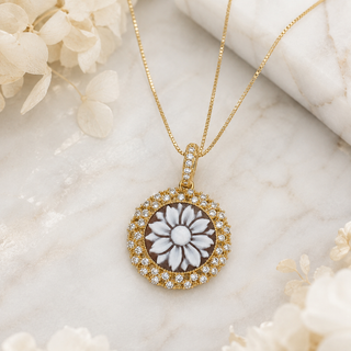 Ciondolo Cammeo Fiore 22 mm in Argento 925 Dorato con Zirconi