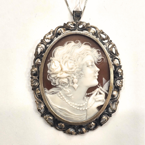 Silver Cameo Pendant and Brooch – Pendant with Italian Butterfly Goddess cameo