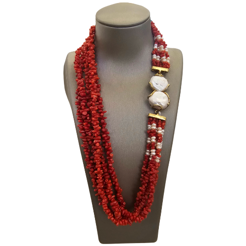 Real Red Coral Necklace with pearl - Red coral and baroque pearl choker