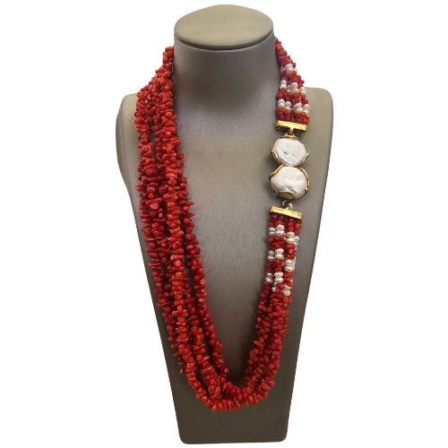 Collier de corail rouge véritable avec perle - Tour de cou en corail rouge et perles baroques