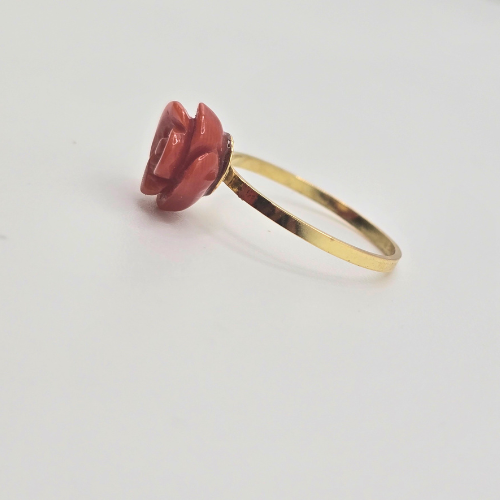 Anello Rosa di Corallo Rosso e Oro 18kt - Fatto a mano - Stile Rosa