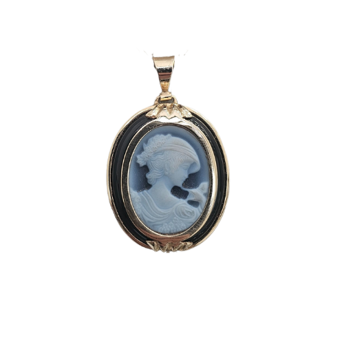 Antique Blue Agate, Onyx and Gold Cameo Pendant – Pendant with Italian cameo