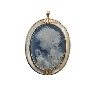 Pendentif et broche antique camée Agate bleue, nacre et or – Pendentif avec camée italien