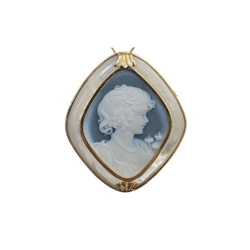 Antique Cameo Pendant and Brooch Blue Agate, Mother of Pearl and Gold – Pendant with Italian cameo