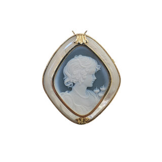 Pendentif et broche antique camée Agate bleue, nacre et or – Pendentif avec camée italien