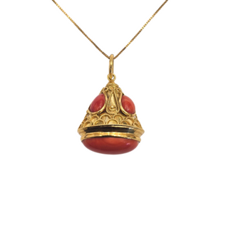 Pendentif antique en corail rouge et or style cloche - Corail méditerranéen naturel 