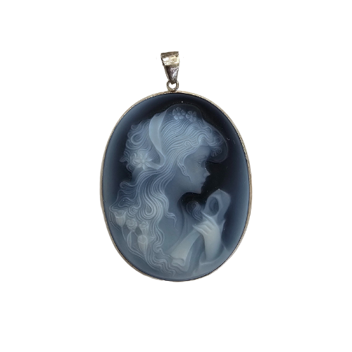 Pendentif camée agate profil femme en argent 925