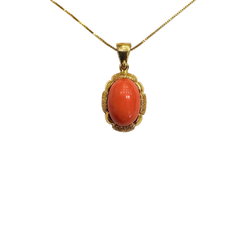 Pendentif Navette Corail Rouge et Or - Corail méditerranéen naturel 