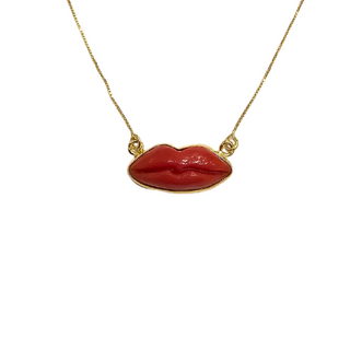 Necklace with Coral and Gold Mouth - Natural Mediterranean coral mouth pendant 