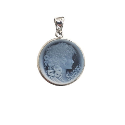 Blue and Silver Agate Cameo Pendant – Pendant with Italian cameo