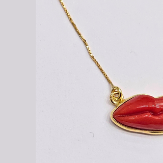 Necklace with Coral and Gold Mouth - Natural Mediterranean coral mouth pendant 