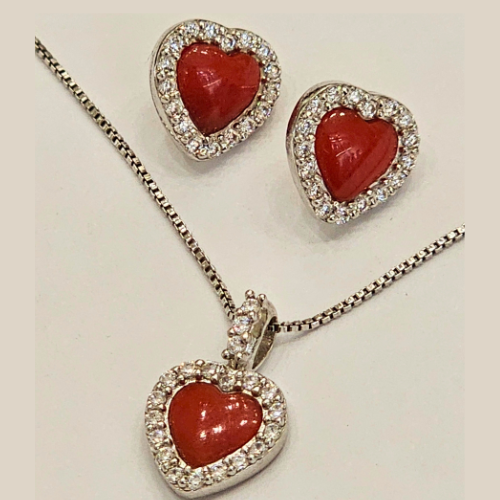 Pendentif et/ou boucles d'oreilles coeur corail en argent 925 et zircons