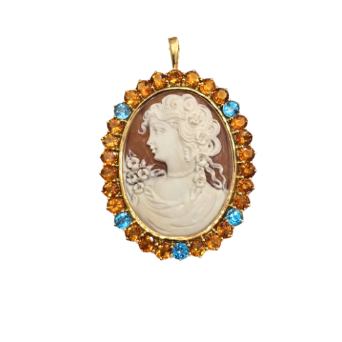 Antique Cameo Pendant and Brooch in Gold and Topaz – Italian cameo pendant Profile
