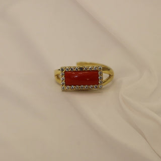 Mediterranean Red Coral Ring – Gold-Plated Silver, Zircons, Adjustable Size