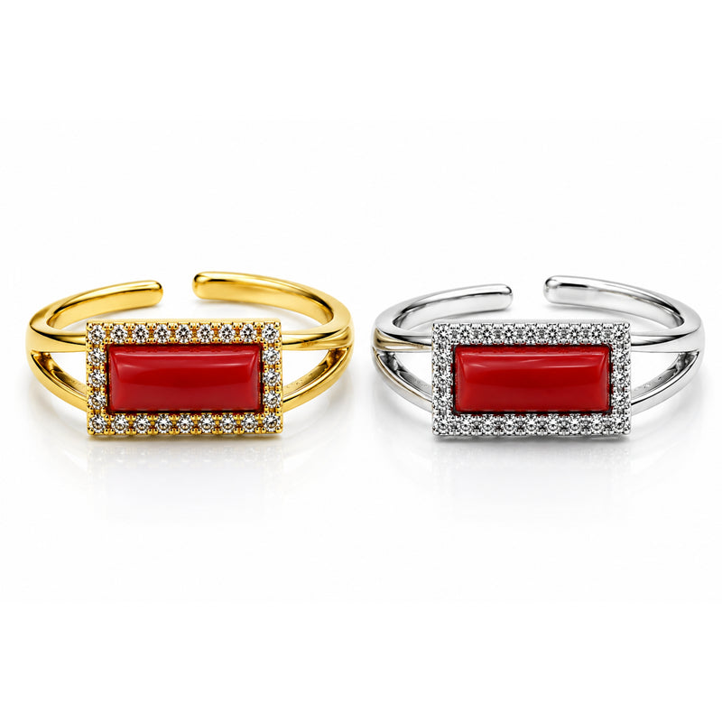 Anello Corallo in Argento Dorato – Design Elegante, Zirconi, Taglia Regolabile