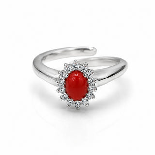 Bague en Corail Rouge Méditerranéen – Argent Blanc Rhodié, Zircons, Taille Ajustable