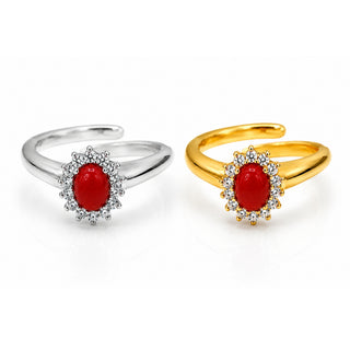 Bague en Corail Rouge Méditerranéen – Argent Blanc Rhodié, Zircons, Taille Ajustable