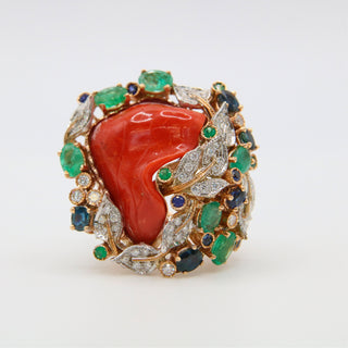 Anello Corallo Rosso Diamanti Oro Zaffiri