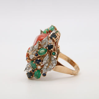 Anello Corallo Rosso Diamanti Oro Zaffiri