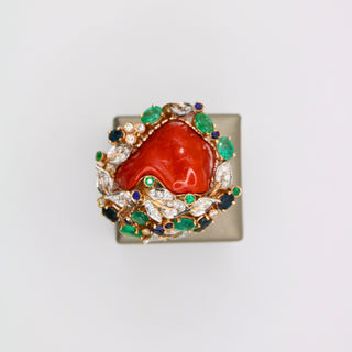 Anello Fascia Corallo e Diamanti in Oro Bianco 18kt | Pezzo Unico
