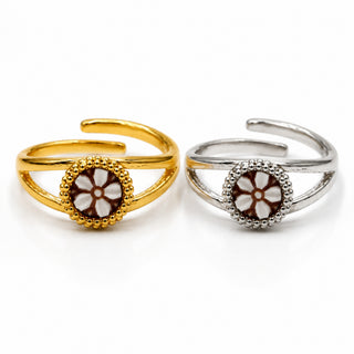 Flower Cameo Ring – White Rhodium Silver, Sardonyx Shell, Adjustable Size