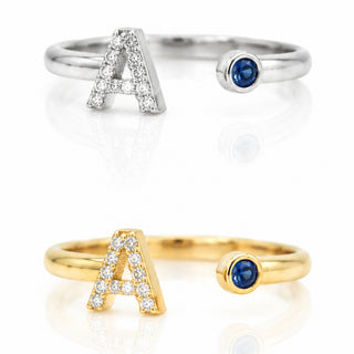 Anello Iniziale A in Oro Bianco 18kt con Zaffiro e Diamanti Naturali