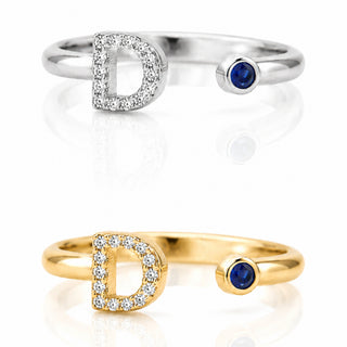 Anello Iniziale Lettera “D” | Oro Bianco 18kt, Zaffiro Naturale e Diamanti