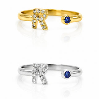 Anello Iniziale Lettera “R” | Oro Bianco 18kt, Zaffiro Blu Naturale e Diamanti