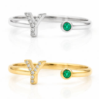 Anello Iniziale Lettera “Y” | Oro Bianco 18kt, Zaffiro Naturale e Diamanti