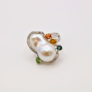 Anello Perla Barocca Diamanti Zaffiri Oro