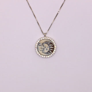 Handmade Cameo Pendant “Sun and Moon” in White Sterling Silver with Zircons