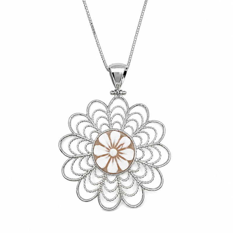Ciondolo Cammeo Fiore 33 mm in Argento 925 Rodiato