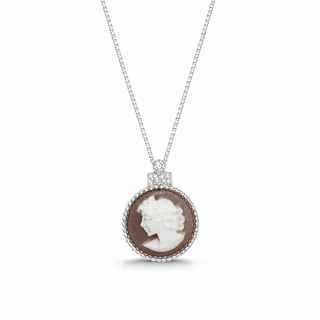 Ciondolo Cammeo Profilo di Donna 14,5 mm in Argento 925 con 3 Zirconi