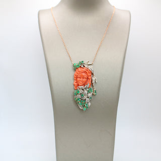 Hand-Carved Red Coral Woman Pendant – 18kt Rose Gold with Emeralds & Diamonds | One of a Kind