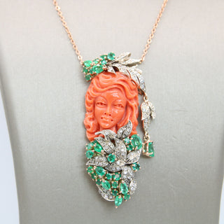 Hand-Carved Red Coral Woman Pendant – 18kt Rose Gold with Emeralds & Diamonds | One of a Kind