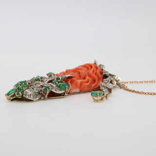 Hand-Carved Red Coral Woman Pendant – 18kt Rose Gold with Emeralds & Diamonds | One of a Kind
