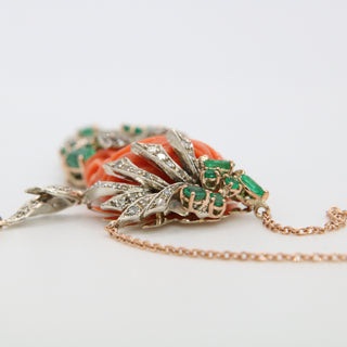 Hand-Carved Red Coral Woman Pendant – 18kt Rose Gold with Emeralds & Diamonds | One of a Kind