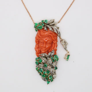 Hand-Carved Red Coral Woman Pendant – 18kt Rose Gold with Emeralds & Diamonds | One of a Kind