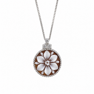 Ciondolo Cammeo Fiore 15 mm in Argento 925 Rodiato con 3 Zirconi