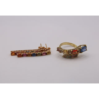 Set Anello e Orecchini Zaffiri Colorati , Diamanti e Oro Giallo 18kt
