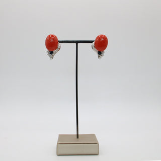 Red Coral, Sapphire & Diamond Earrings – 18kt White Gold | One of a Kind