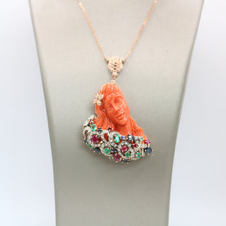 Red Coral Woman Pendant – 9kt Rose Gold with Sapphires, Emeralds, Rubies & Diamonds | One of a Kind