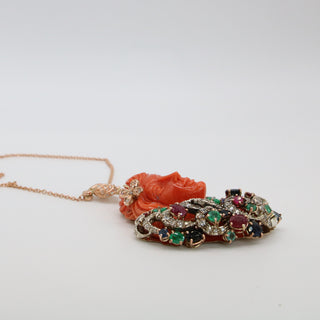 Red Coral Woman Pendant – 9kt Rose Gold with Sapphires, Emeralds, Rubies & Diamonds | One of a Kind