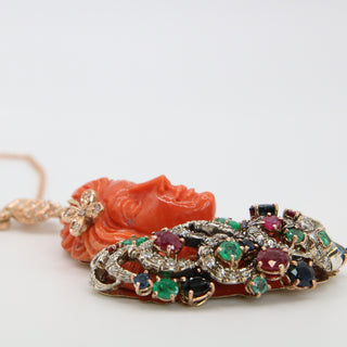 Red Coral Woman Pendant – 9kt Rose Gold with Sapphires, Emeralds, Rubies & Diamonds | One of a Kind