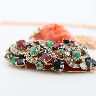 Red Coral Woman Pendant – 9kt Rose Gold with Sapphires, Emeralds, Rubies & Diamonds | One of a Kind