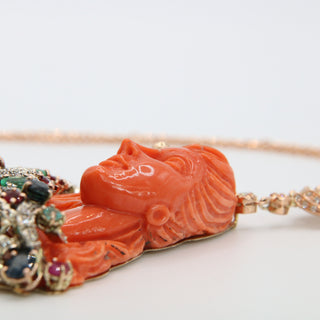 Red Coral Woman Pendant – 9kt Rose Gold with Sapphires, Emeralds, Rubies & Diamonds | One of a Kind
