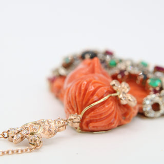 Red Coral Woman Pendant – 9kt Rose Gold with Sapphires, Emeralds, Rubies & Diamonds | One of a Kind