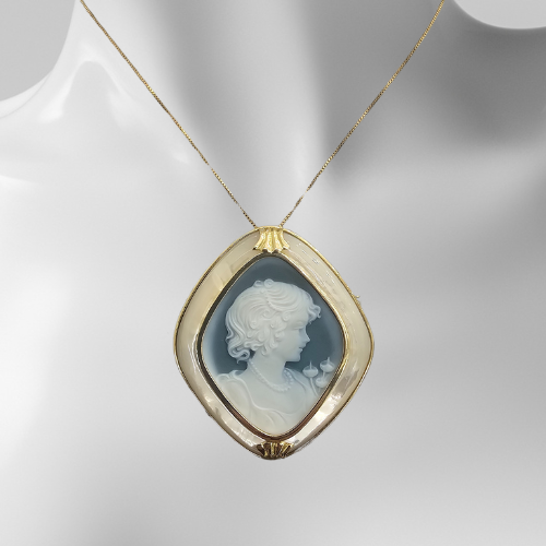 Antique Cameo Pendant and Brooch Blue Agate, Mother of Pearl and Gold – Pendant with Italian cameo
